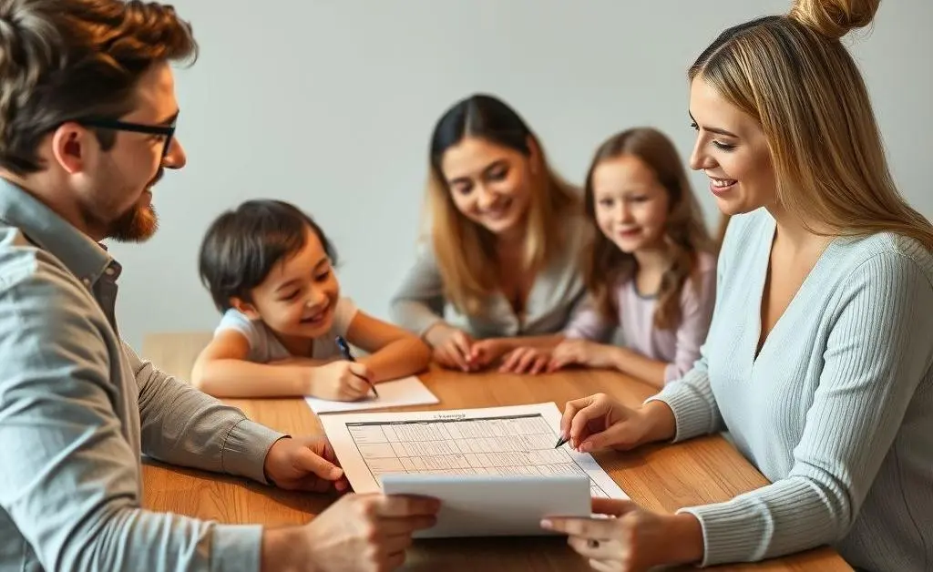 Family sorting finances with a budgeting planner