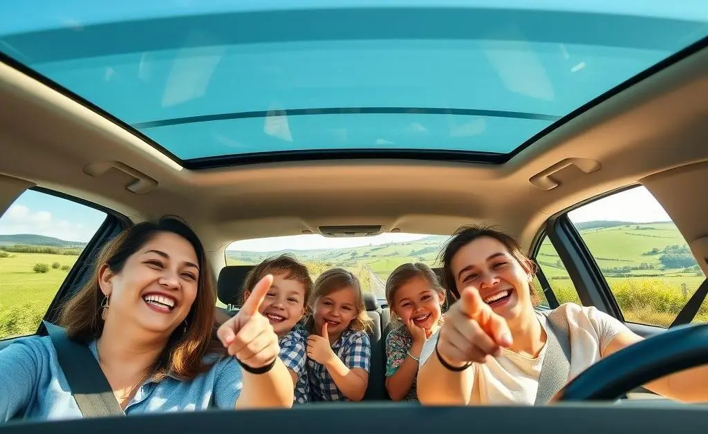 Happy family driving in a car