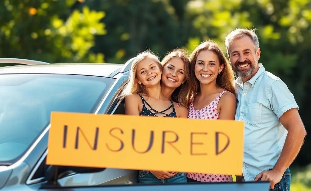 A family happily standing beside their insured car, showcasing protection and peace of mind.