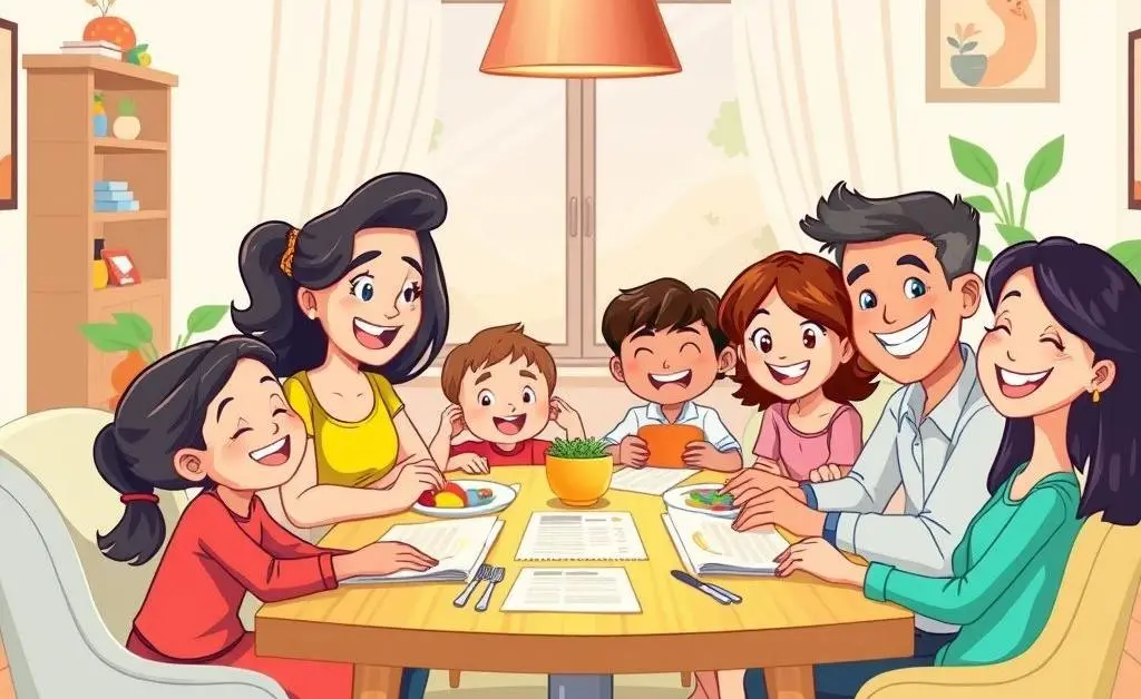 A happy family discussing finances around a table