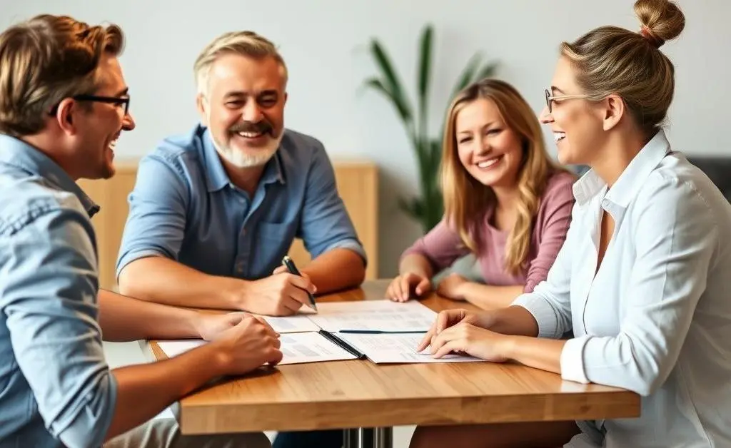 A family sitting comfortably around a table, discussing their financial plans with smiles.