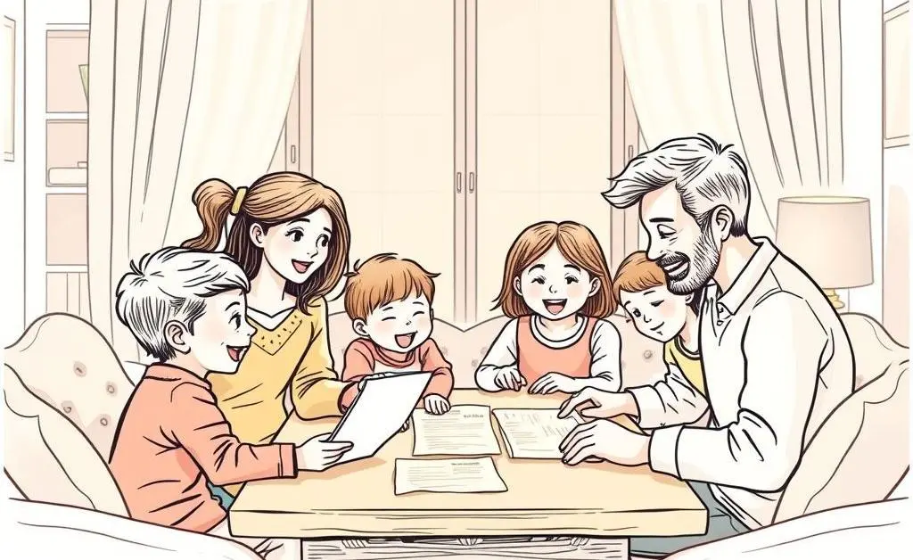 A hand-drawn image of a happy family sitting together, discussing life insurance over documents.