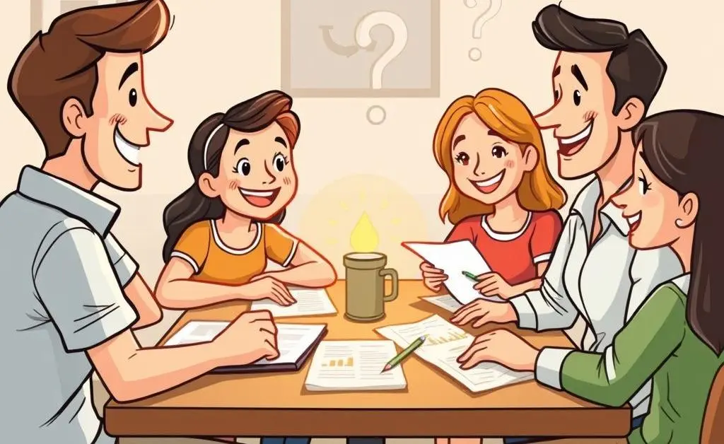 Happy family gathering around a table.