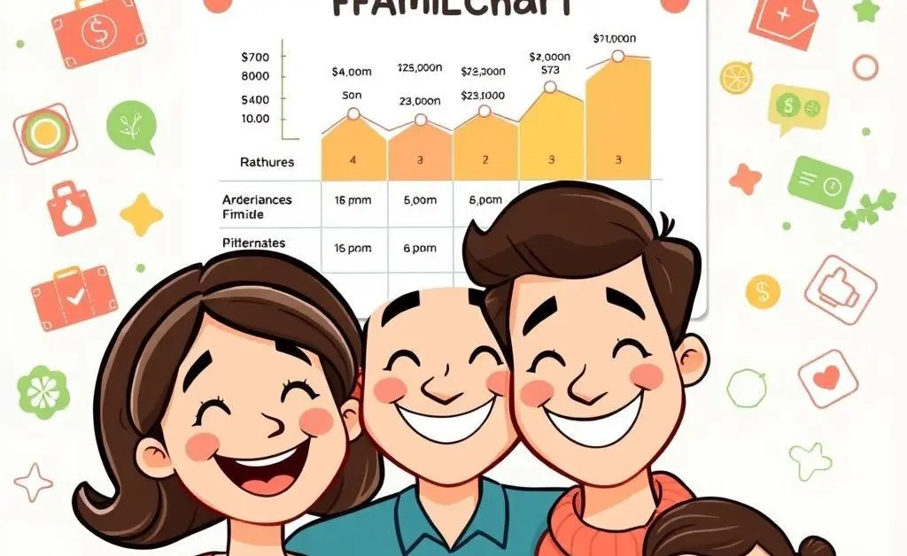 A cartoon-style family smiling together with a chart marking their financial goals in the background.