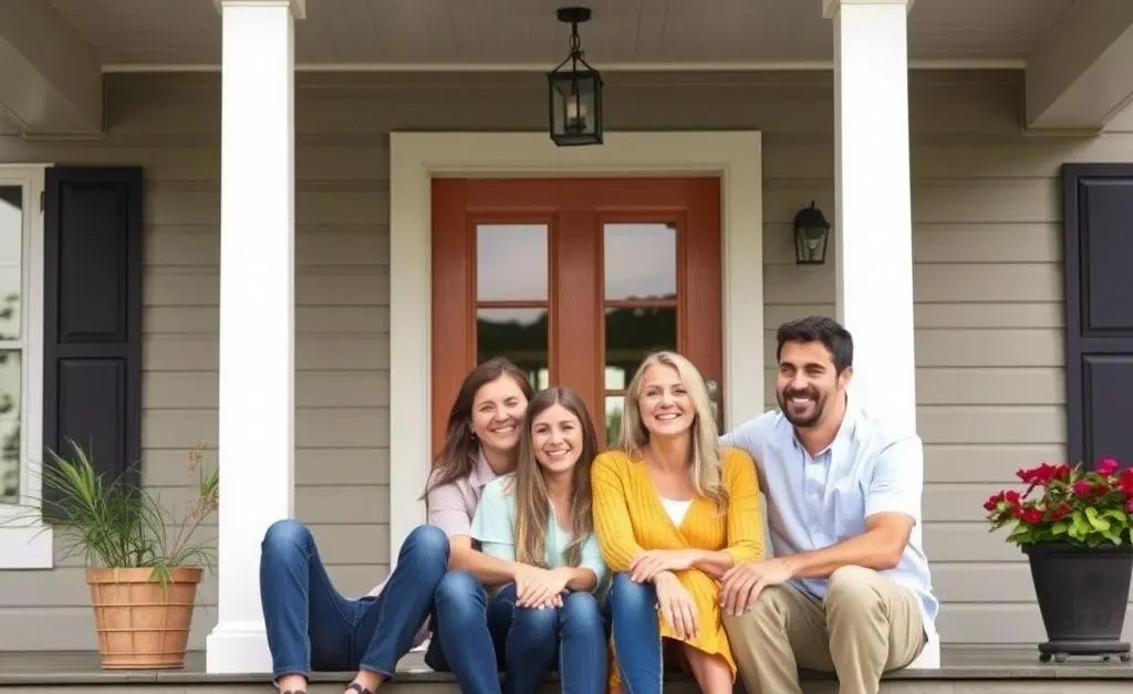 Family on their new home's porch