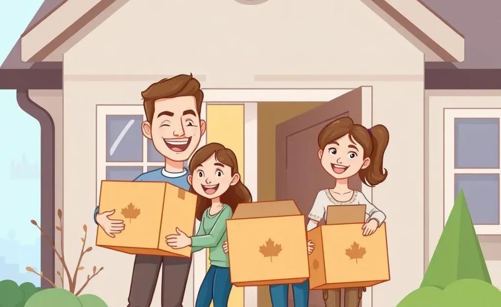 Cartoon image of a happy family moving into their Canadian home with moving boxes