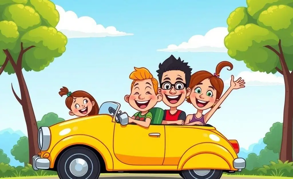 Happy family driving a car