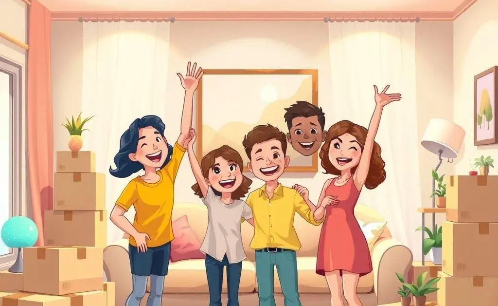 A happy family in their new home surrounded by boxes