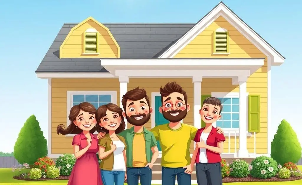 A cartoon family standing happily in front of a new house