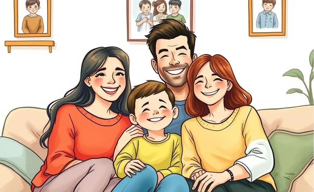 Stylized drawing of a happy family sitting together, looking relieved after making an insurance decision.