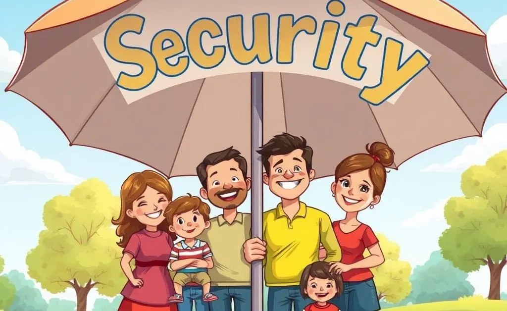 Happy family under an umbrella labeled 'Security'.