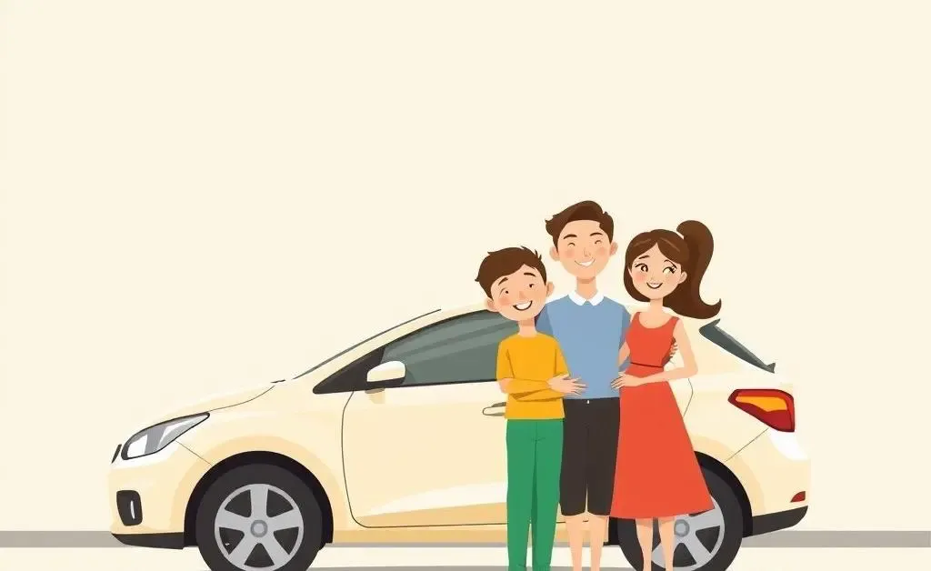 Happy family alongside their car