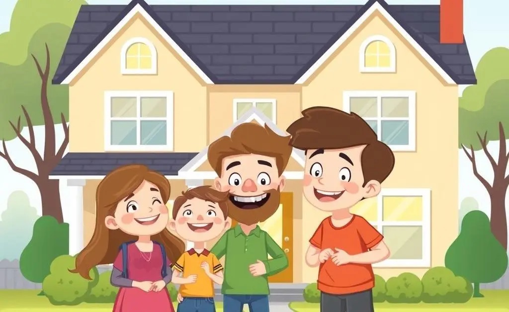 A family joyfully exploring a new house