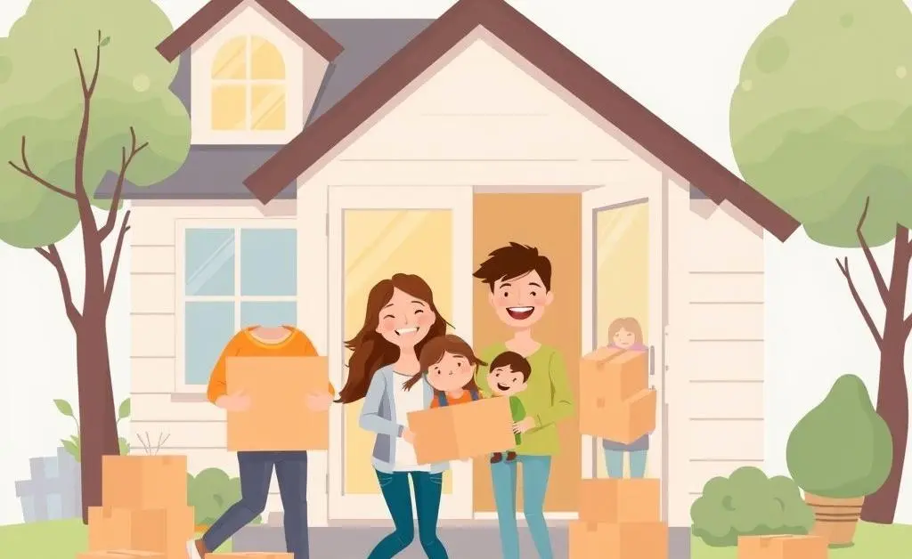 Illustration of a family joyfully moving into a new house, with boxes scattered around.