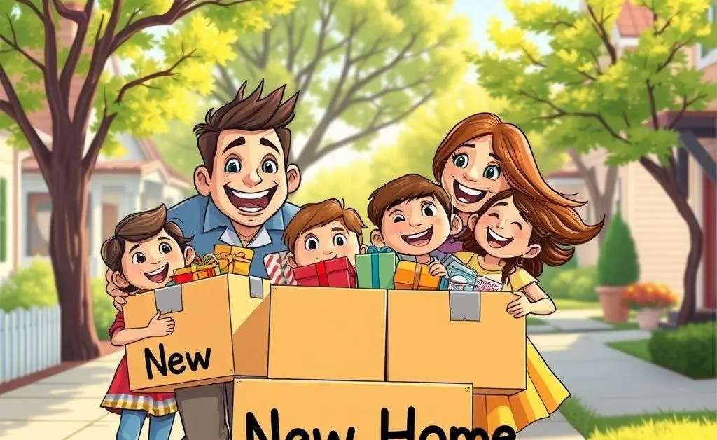 Happy family moving boxes labeled 'New Home'