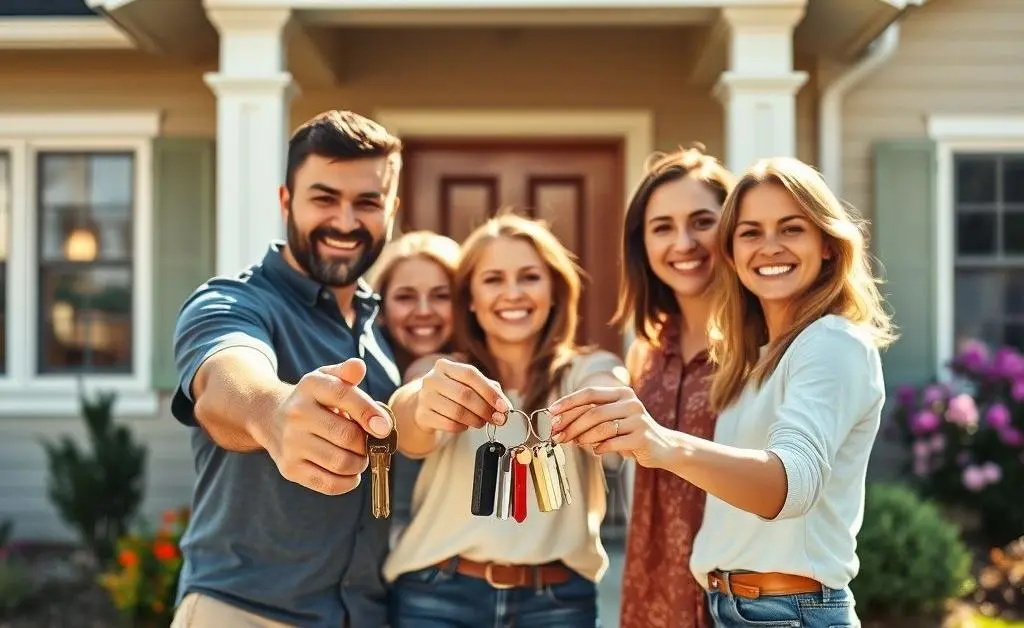 A family with keys standing in front of their new home, smiling happily.