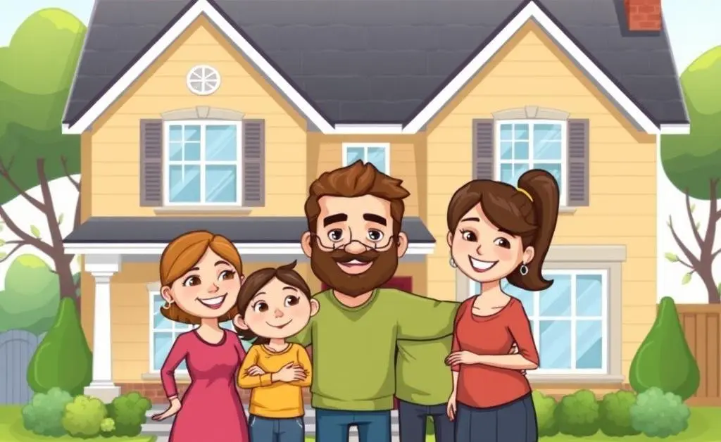 Family smiling in front of new house