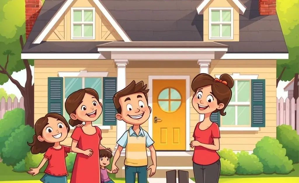 A cartoon-style image of a happy family looking at a new home, reflecting the benefits of using a HELOC wisely.