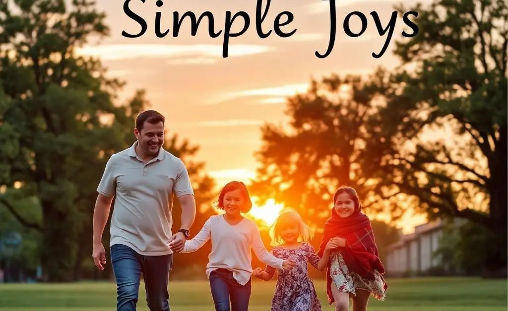 A happy family walking in the park during sunset, representing simple joys.