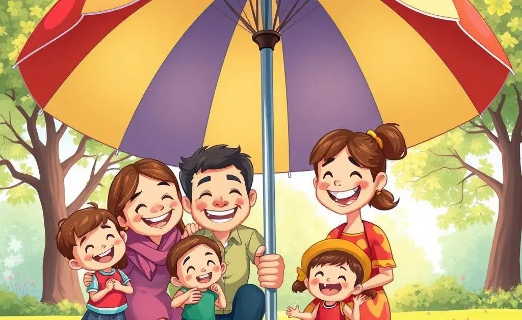 Cartoon of a happy family under an umbrella symbolizing protection