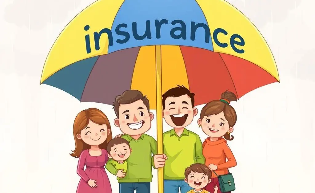 Cartoon of a smiling family under an umbrella with 'insurance' written on it