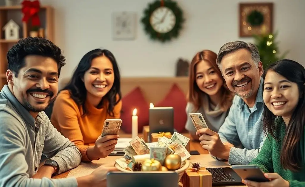 Happy family joyously receiving international money transfers