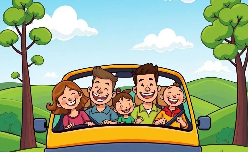 Family enjoying a road trip in their car
