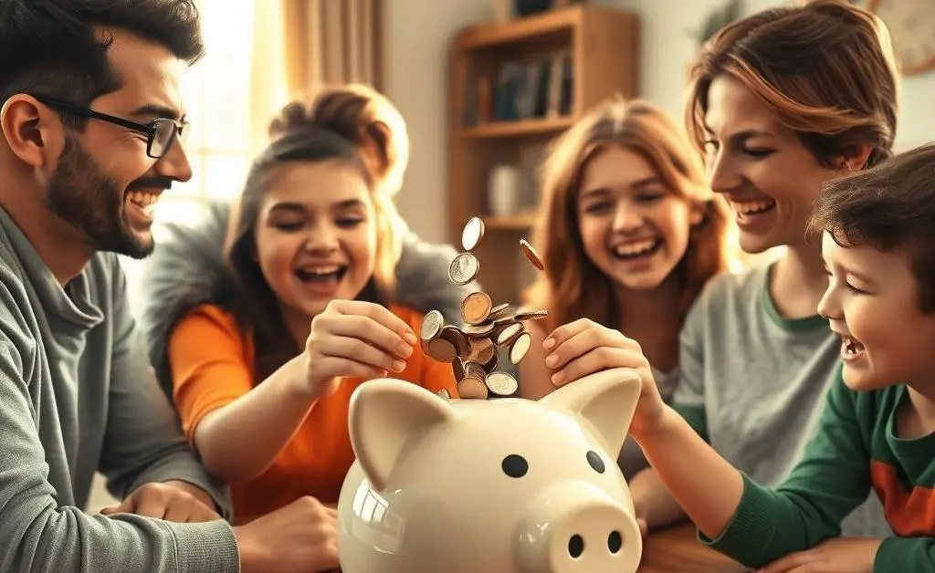 A family happily putting coins into a piggy bank together.
