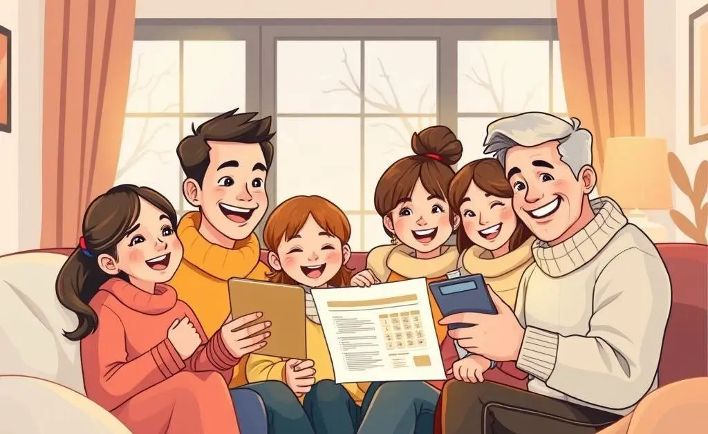 Illustration of a happy family with a clipboard and calculator, enjoying heating cost savings.