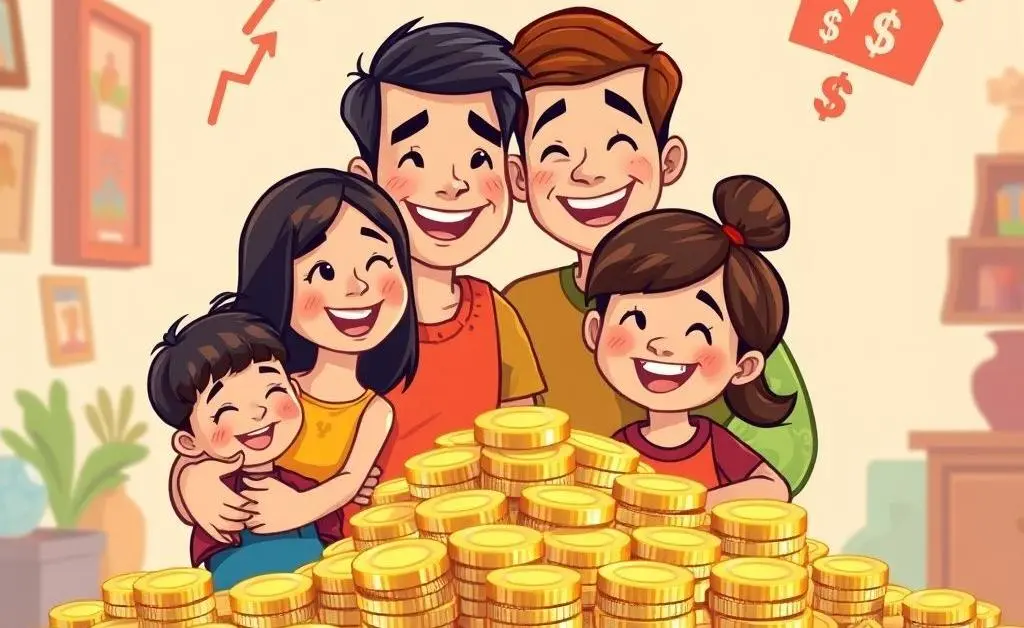 A happy family surrounded by stacks of coins, symbolizing the benefit of lower interest rates in savings