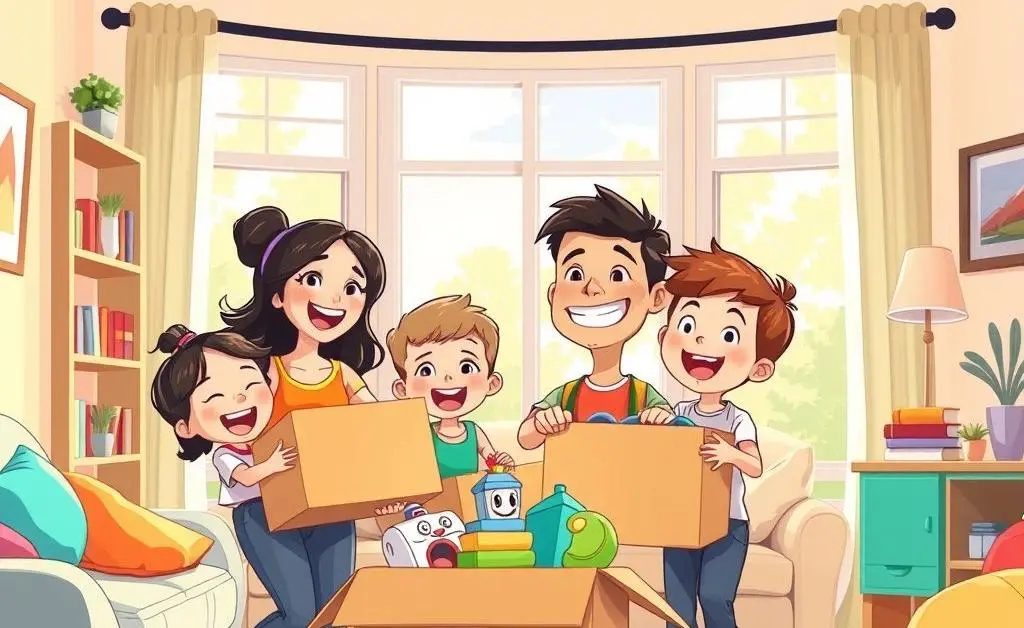 A cartoon depiction of a happy family unpacking in a new home