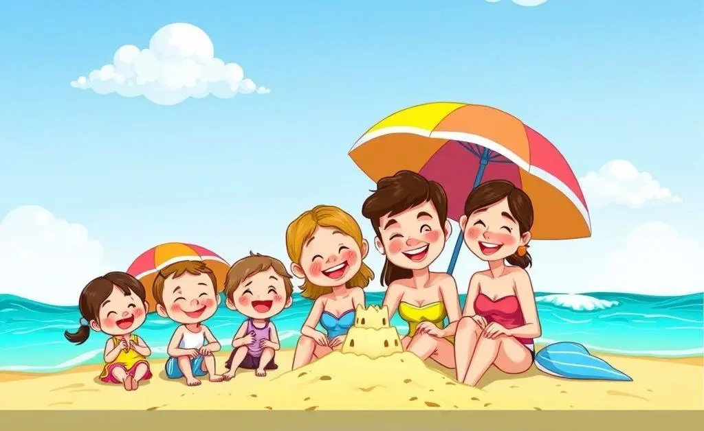 A cartoon image of a happy family on a beach vacation, symbolizing the benefits of smart financial planning.