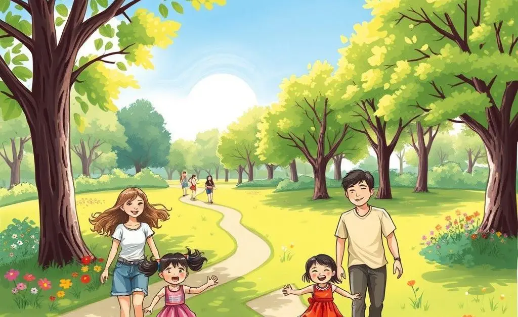 A happy family playing in a park during a sunny weekend.