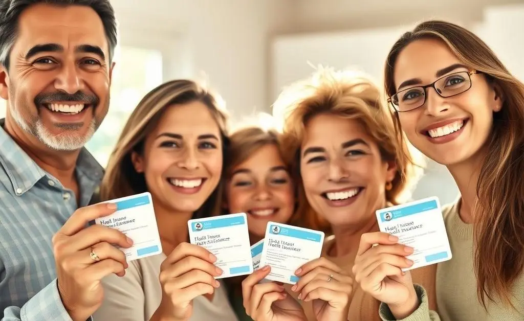 A happy family showing their health insurance cards