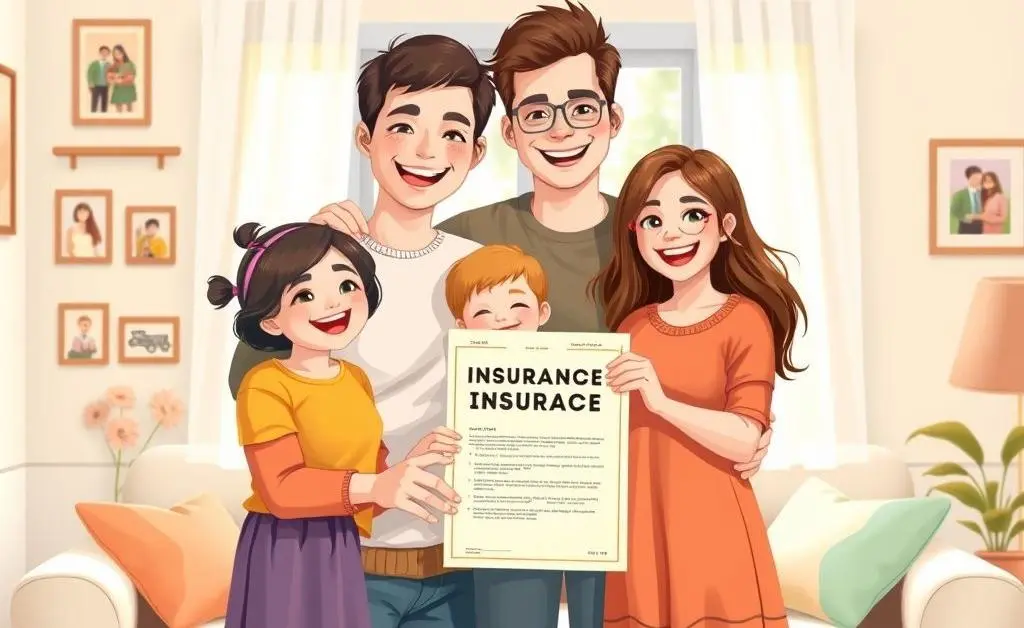 Illustration of a happy family standing together, holding an insurance policy document