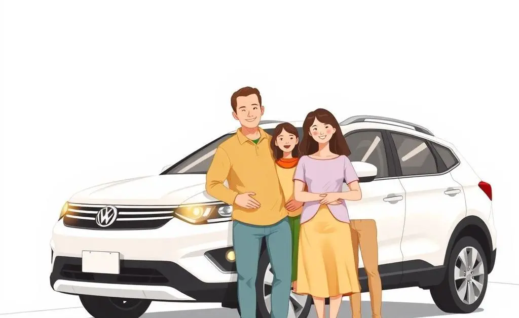Happy family standing beside their insured car
