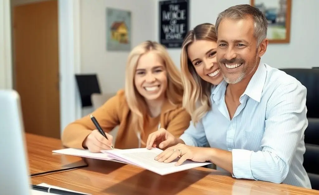 A couple signing mortgage papers at a real estate office.