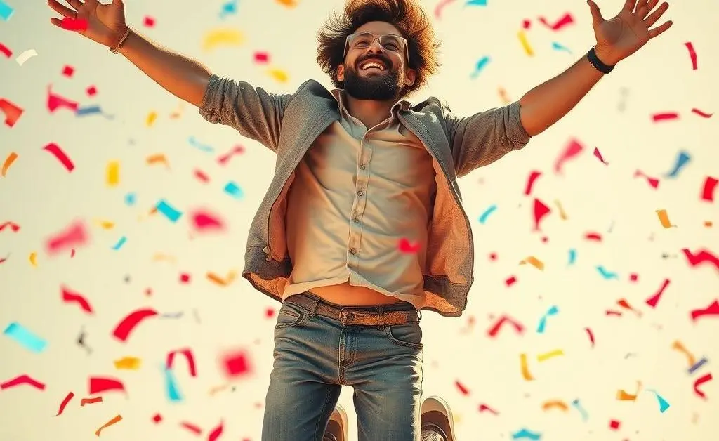 Person celebrating a financial success with confetti