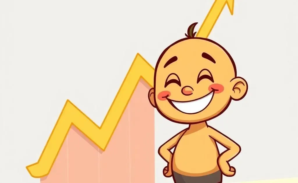 A cartoon character looking happy and relieved, standing next to an upward-trending graph.
