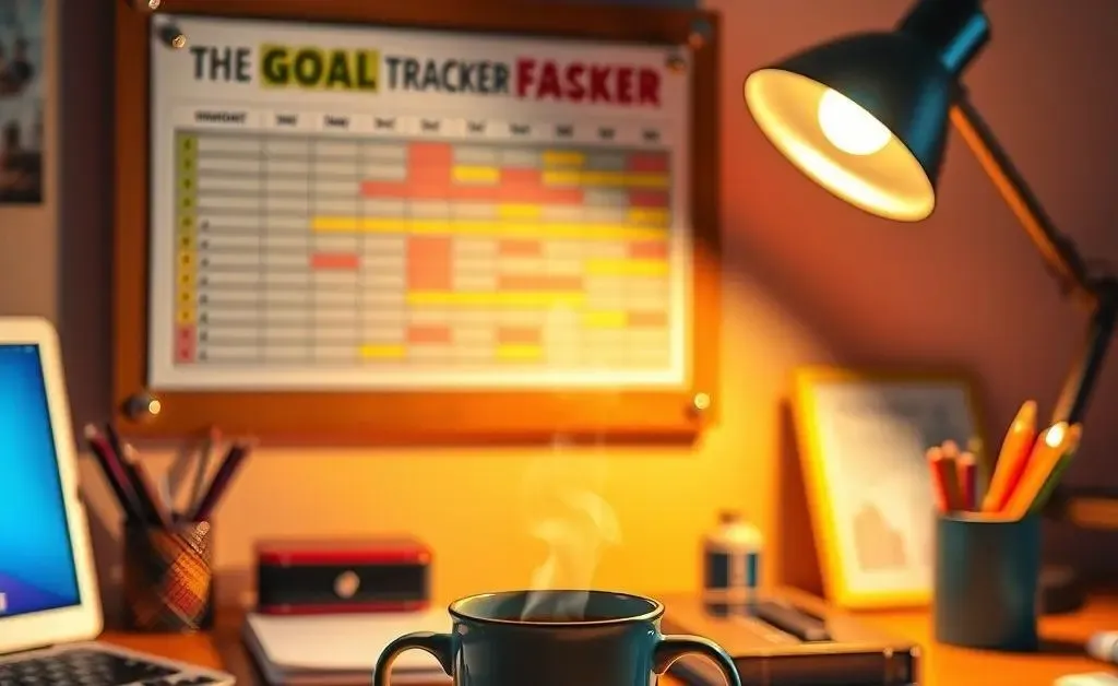 A cheerful scene with a goal chart, coins, and a coffee cup on a desk.