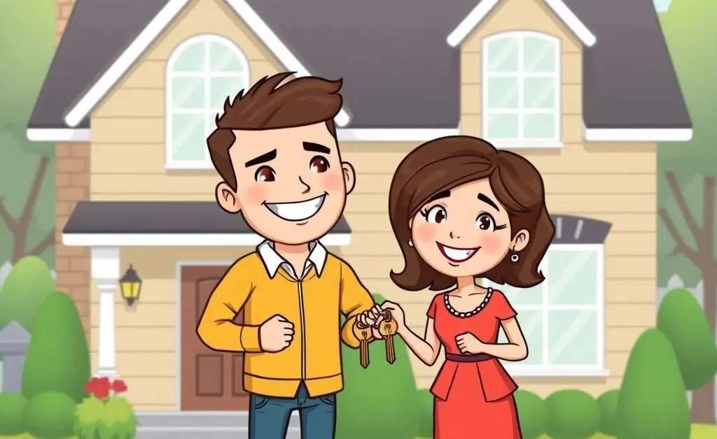A cartoon of a happy couple holding keys in front of their first home.