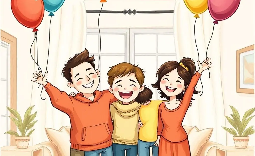 A hand-drawn image of a family celebrating in their first home, with smiles and balloons.