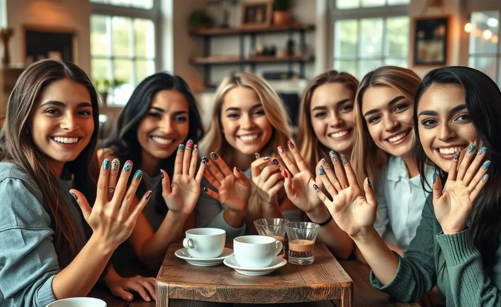 Friends joyfully showcasing their gel nail stickers in a cafe