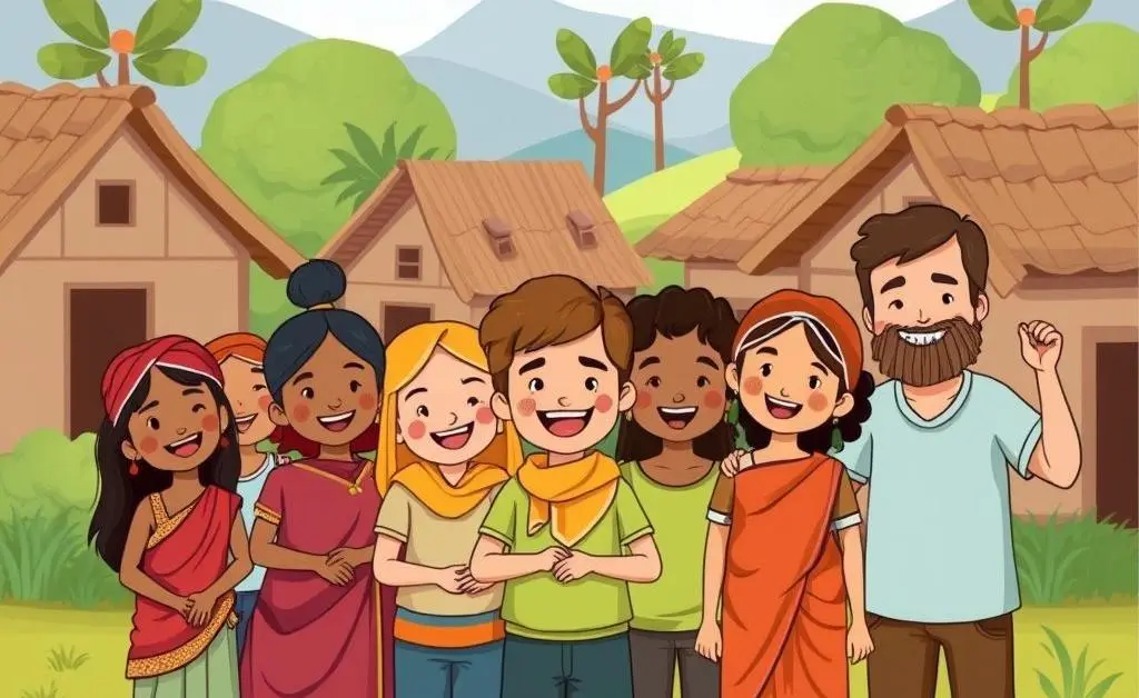 Illustration of a happy village symbolizing aid impact