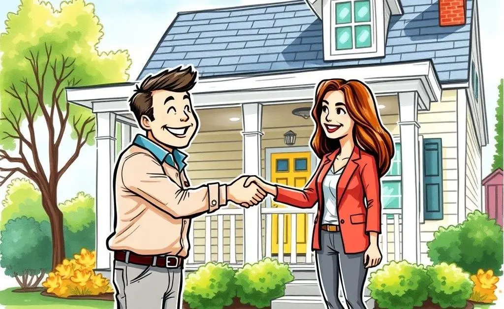 A hand-drawn style image of a happy person shaking hands with a realtor in front of a sold house.