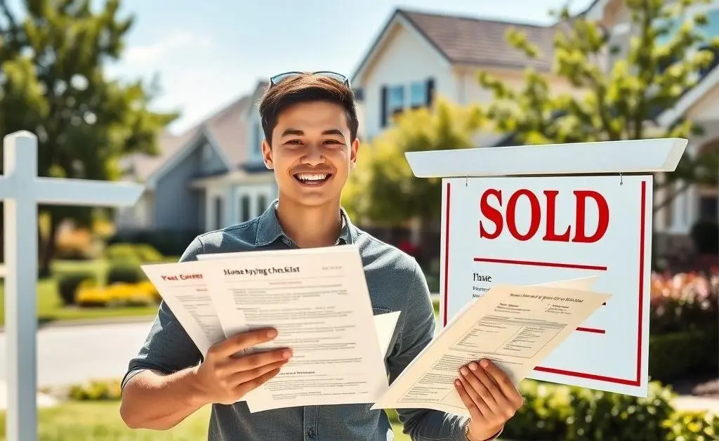 Happy person with a home buying checklist next to a 'Sold' sign