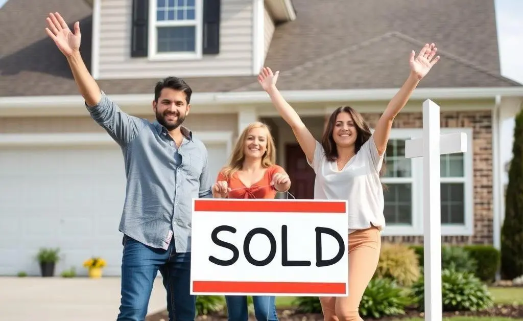 Happy home buyers celebrating in front of a new home with a 'sold' sign.