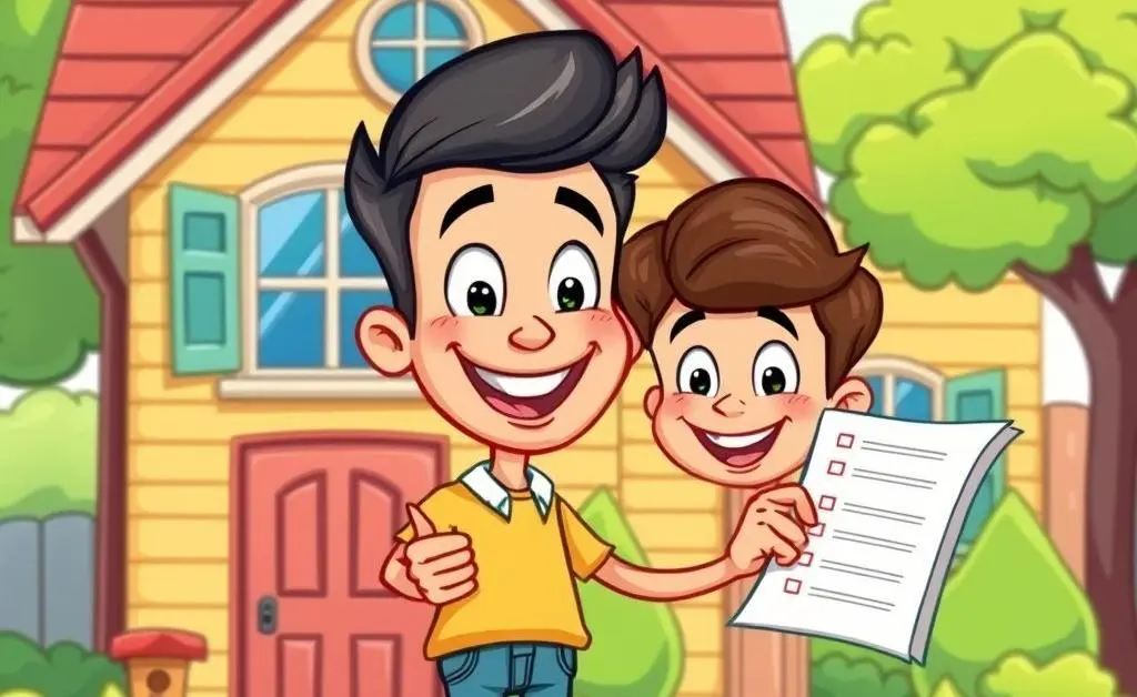 A cheerful person inspecting a house with a checklist in hand.