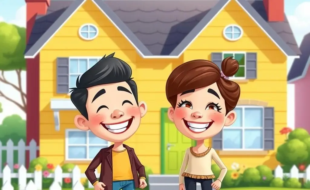 A cartoonish couple smiling in front of their new house