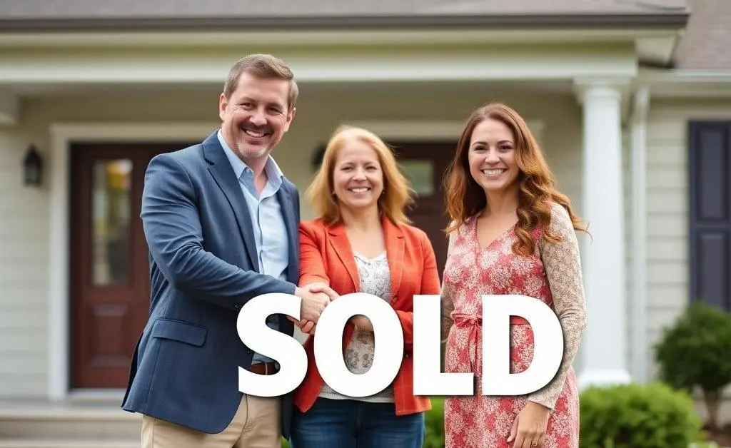 Couple shaking hands with real estate agent in front of their sold home